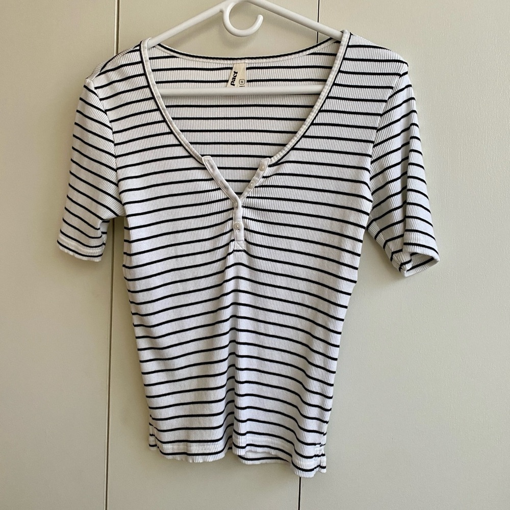 Pact Black and White ribbed Henley top